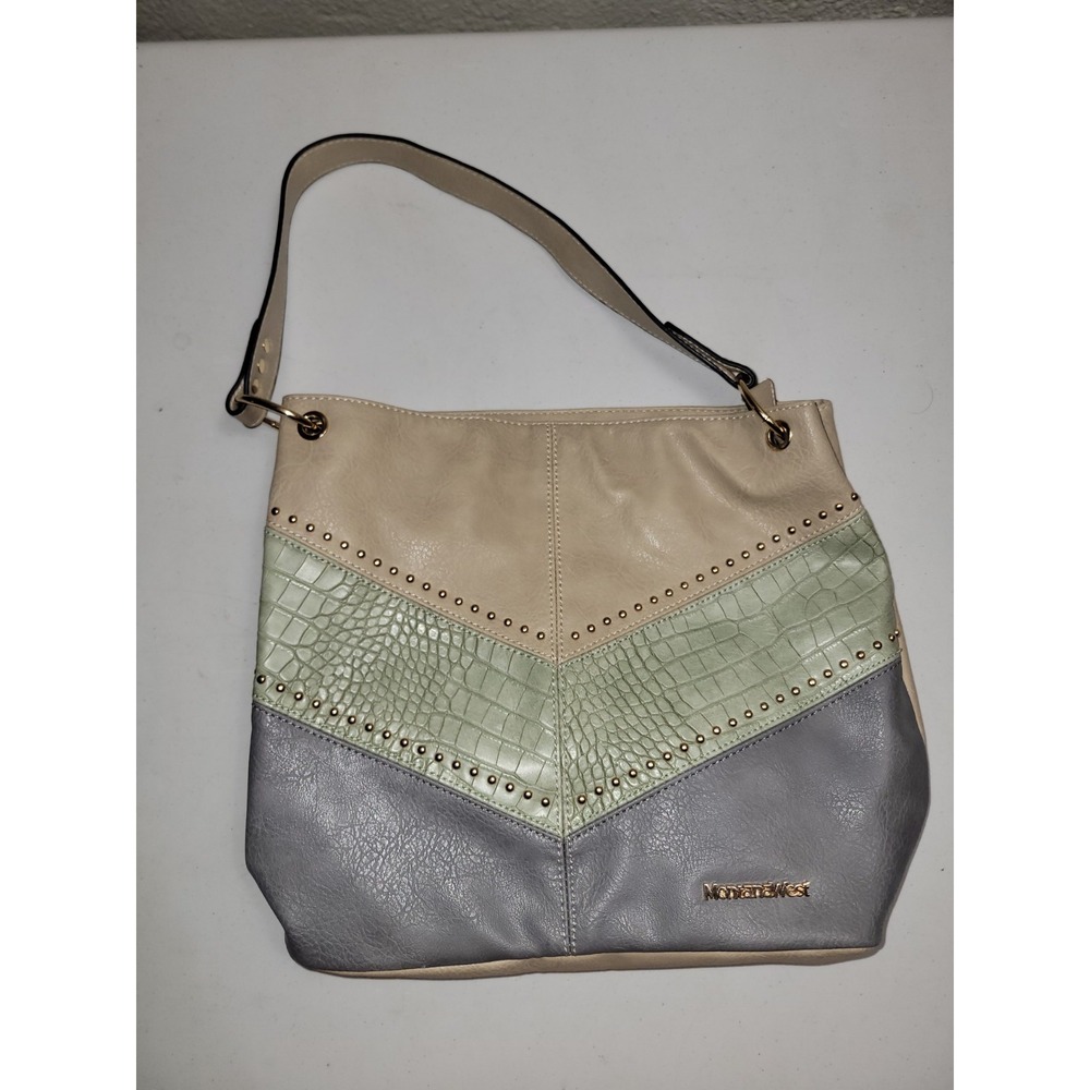 Montana West Studded‎ Shoulder Bag Brown Faux Leather Gold Hardware 13x11.5